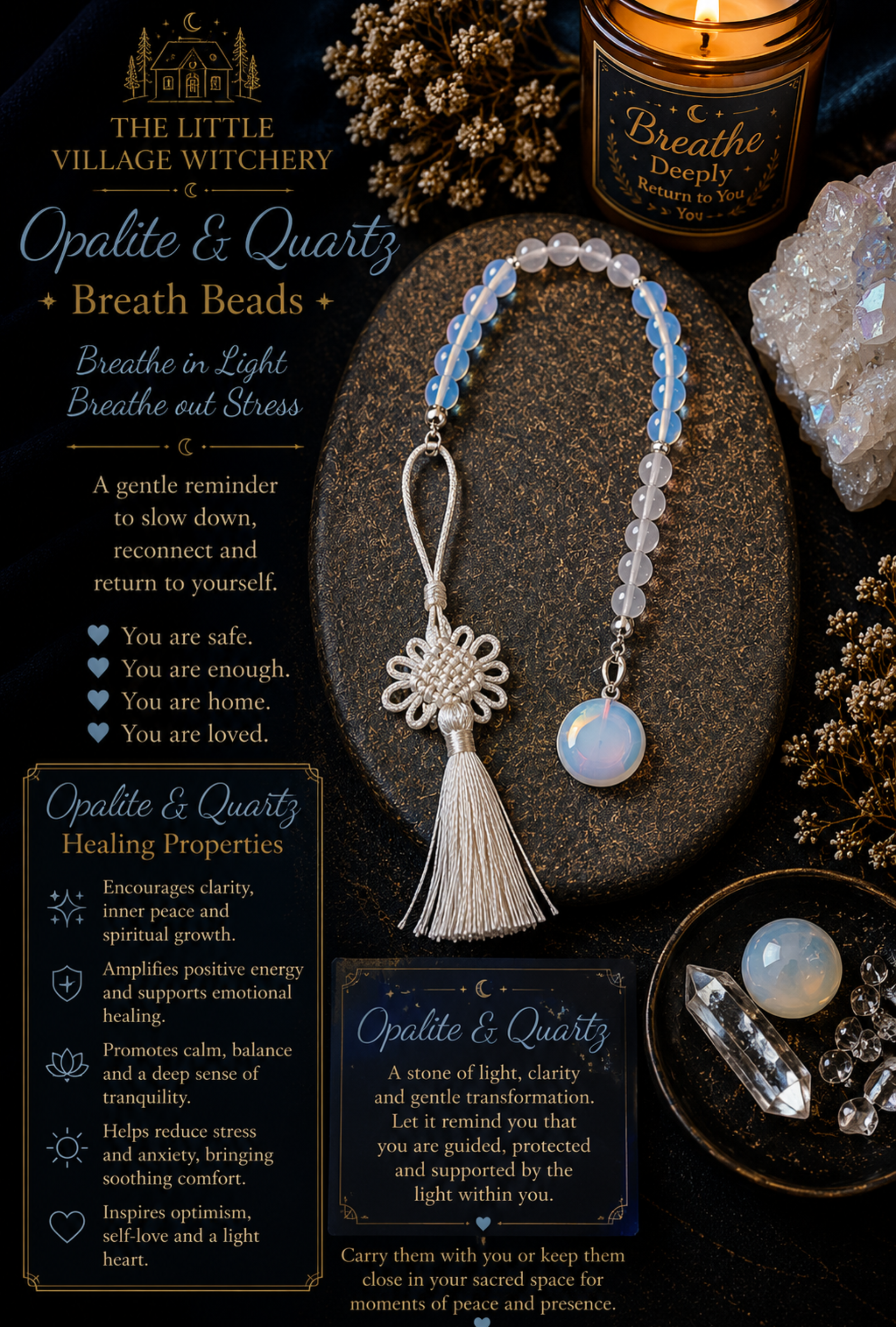 Opalite & Quartz Breath Beads with Stone Circle Charm