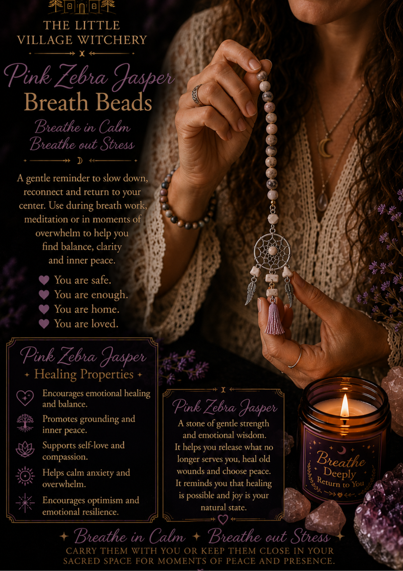 Pink Zebra Jasper Breath Beads Dream Catcher Charm holding.png