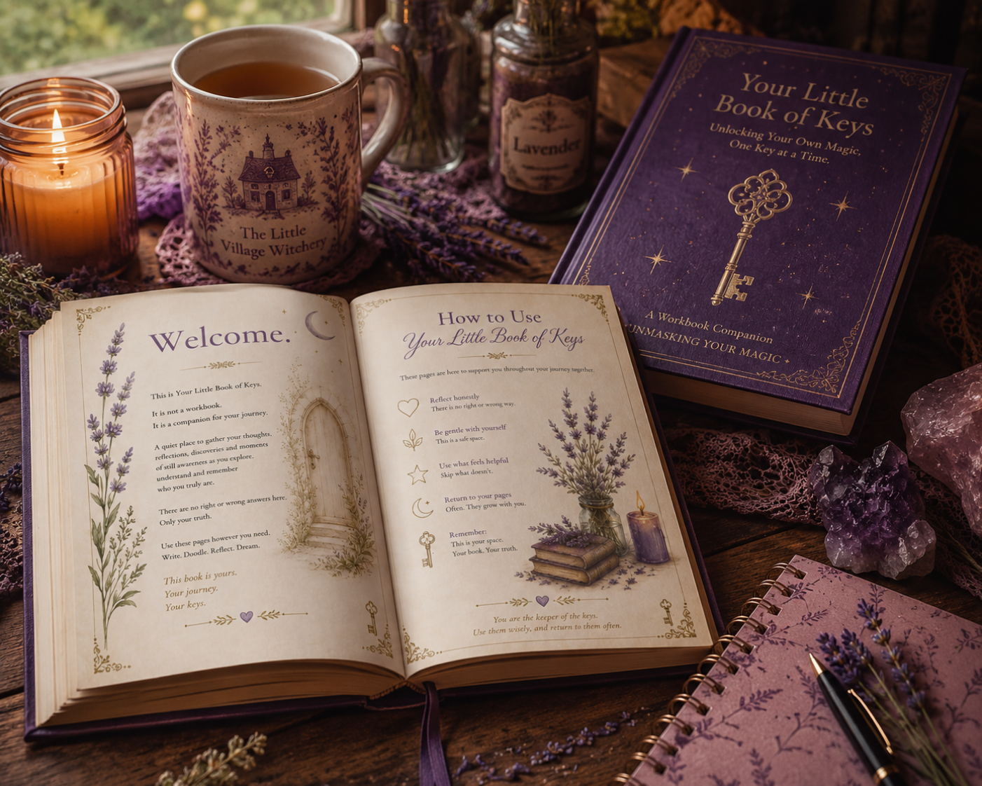 Open book titled 'Your Little Book of Keys' surrounded by lavender flowers, candles, and essential oil bottles, with a spiral notebook and another closed book nearby on a wooden surface.