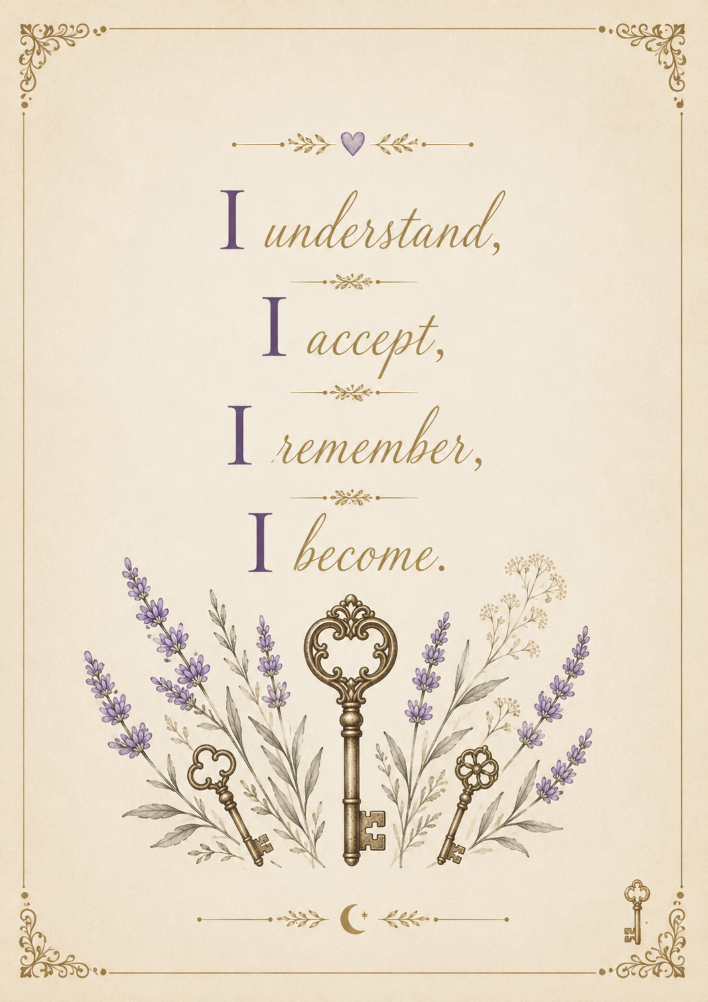Decorative print with a central key surrounded by lavender and other flowers, with heartfelt message: 'I understand, I accept, I remember, I become.'