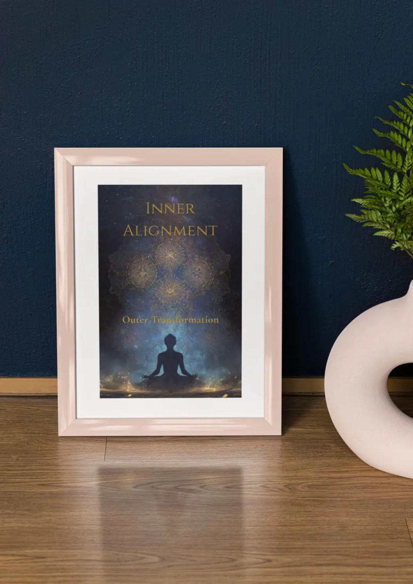 Framed poster titled 'Inner Alignment' featuring a silhouette of a person in a meditative pose, sitting cross-legged with hands resting on knees, with a cosmic background and geometric patterns. The frame is white, placed on a wooden floor against a dark blue wall, with a green plant partially visible on the right.