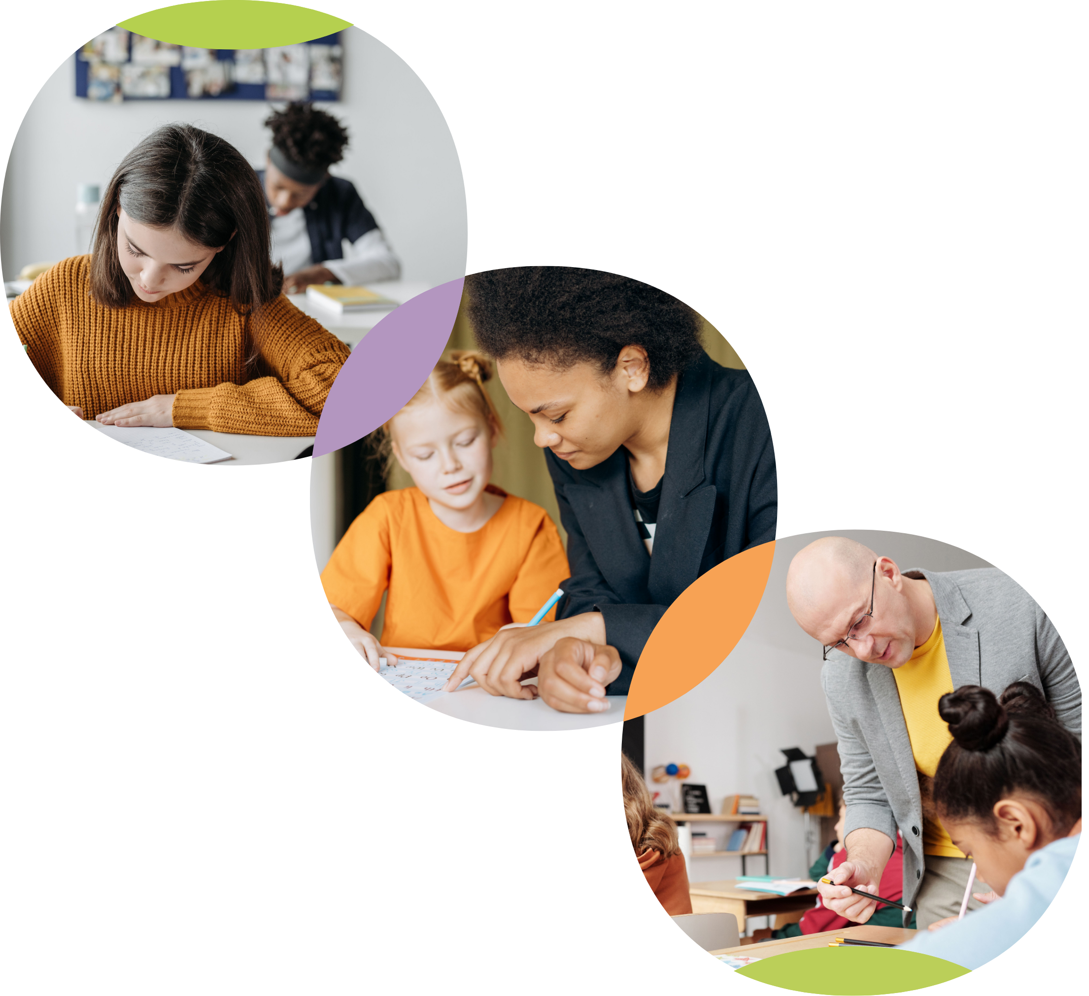 A classroom scene with students and a teacher sitting at desks, working on assignments or activities, with bookshelves and educational materials in the background.