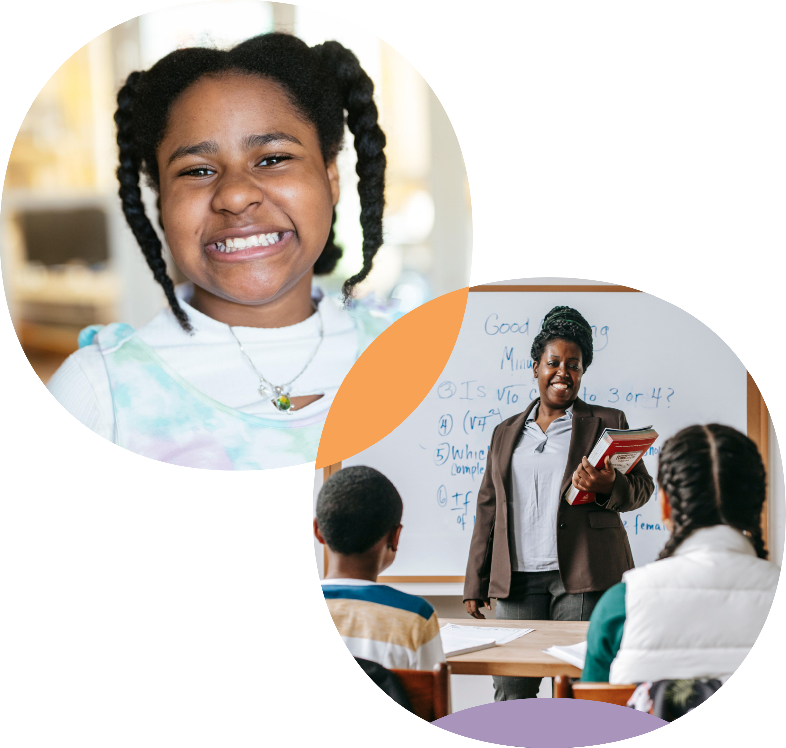 A young girl smiling with braces in a classroom setting and a teacher giving a lesson at a whiteboard.