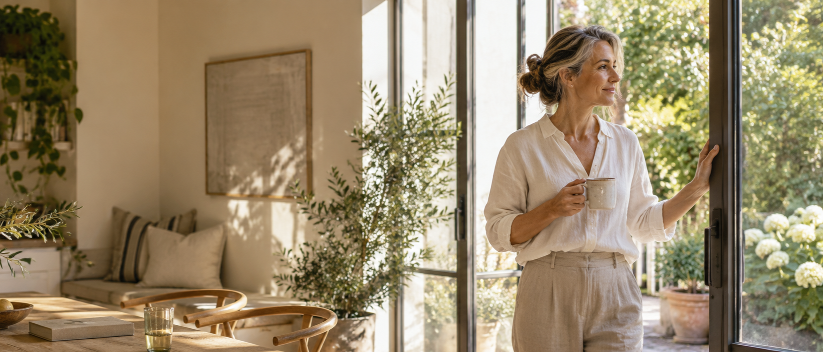 A woman with short gray hair wearing a beige blouse and pants standing by a large open door with a coffee mug in her hand, looking outside at a lush garden filled with trees and white flowers.