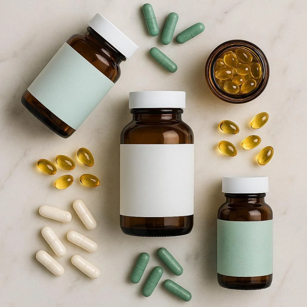 Three brown bottles of supplements with blank labels, yellow capsules, white and green pills, and a small glass dish filled with yellow softgel capsules on a light surface.