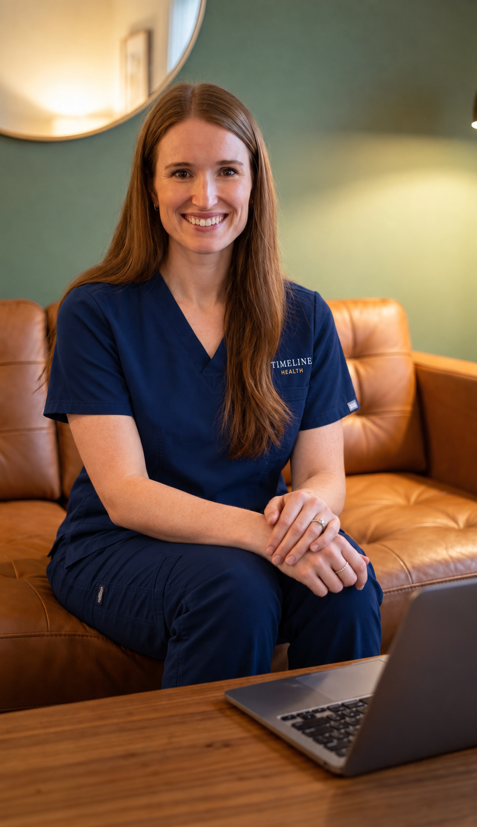 Founder, Charlotte MacDonald, wearing navy Timeline Health medical scrubs sitting on a brown leather couch with a coffee table and a laptop in front of her in a warmly lit room.