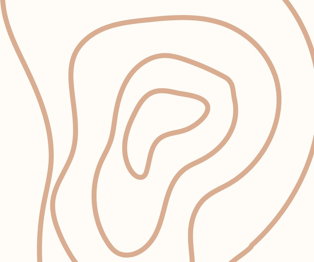 Abstract art with concentric curving lines in shades of beige and light brown.