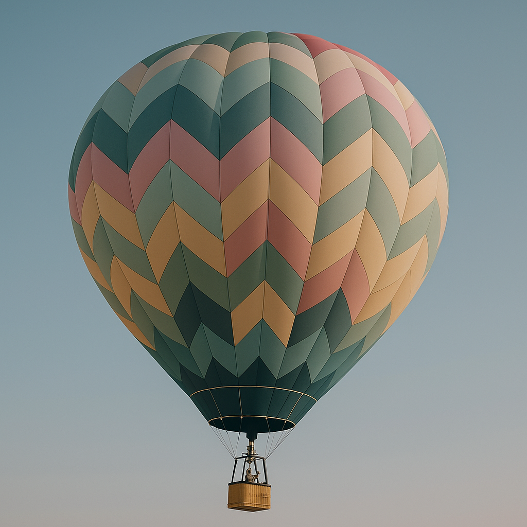 Colorful hot air balloon with a chevron pattern flying in the sky.