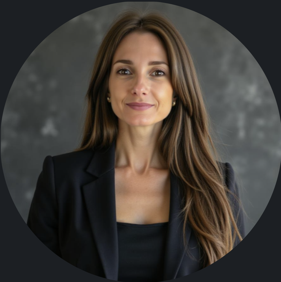 Portrait of a woman with long brown hair, wearing a black blazer and top, smiling in front of a blurred dark gray background.