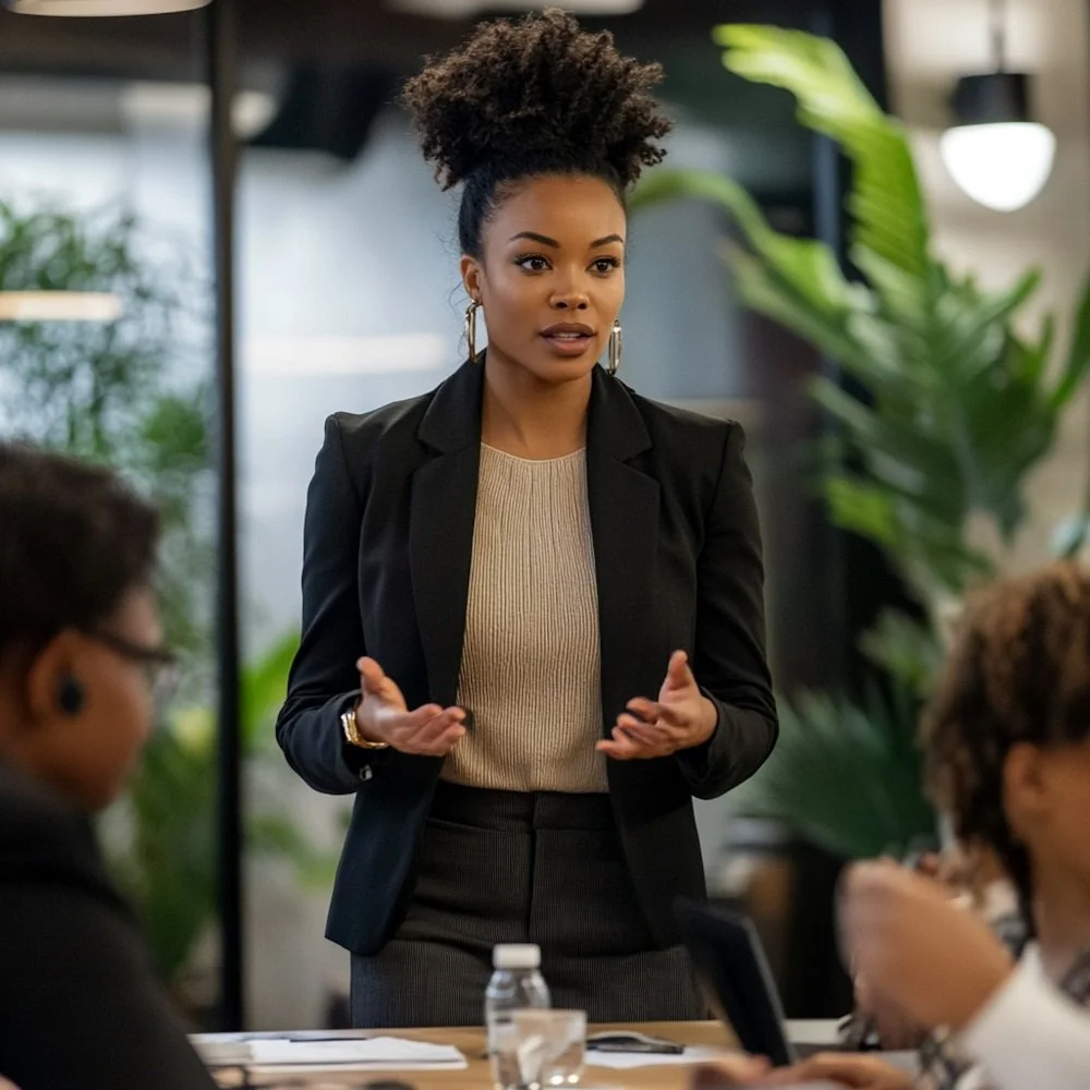 A woman with curly hair in a high puff hairstyle and hoop earrings is speaking in a business meeting, gesturing with her hands. She is wearing a black blazer over a beige top, with other people sitting at the table.