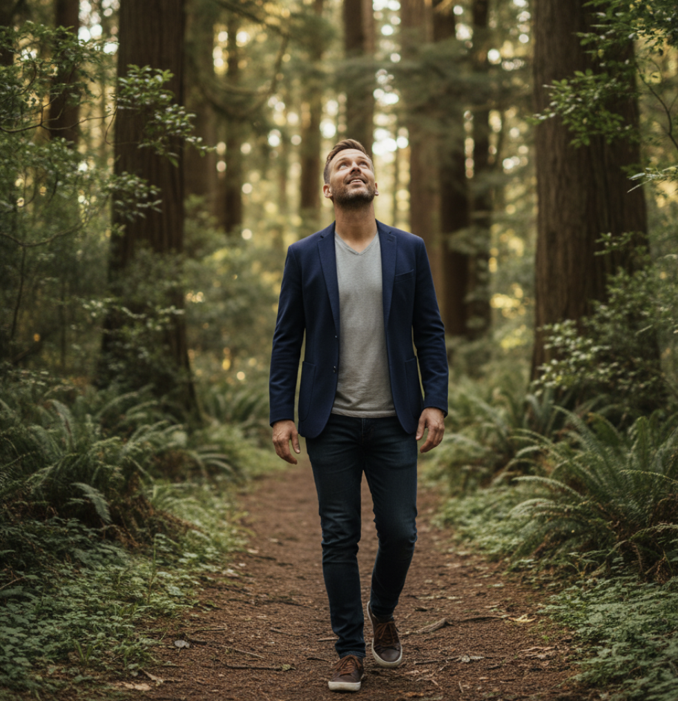 A man walking along a dirt trail in a dense forest with tall trees and lush greenery, looking up towards the sky with a slight smile.