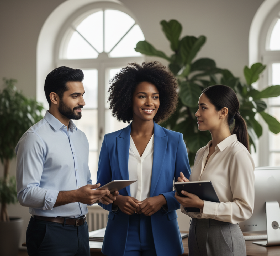 Three diverse professionals having a conversation in a modern office with large windows and green plants.