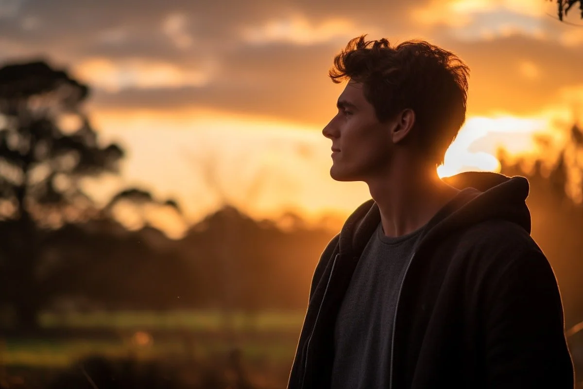 A young man in profile stands outdoors during a sunset, with a blurred background of trees and clouds.