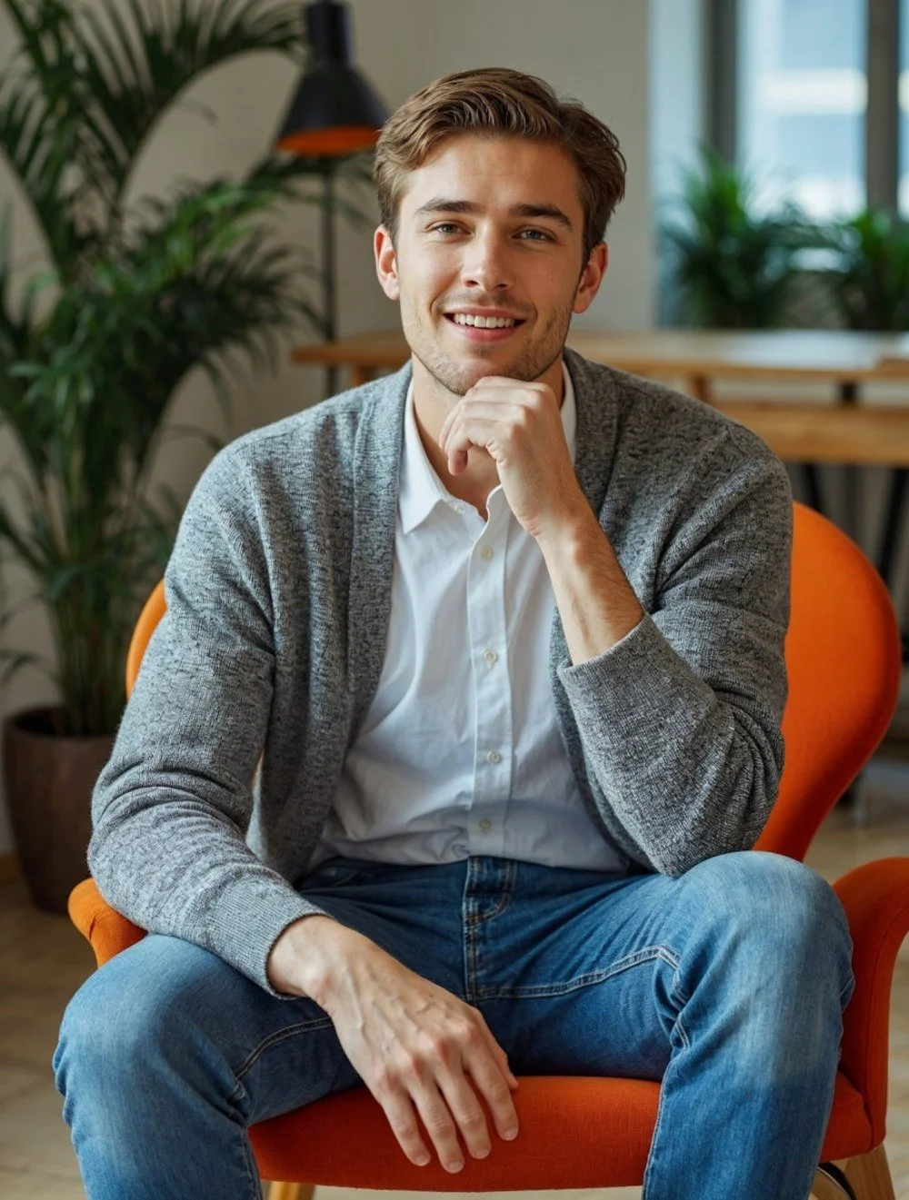 A young man with light brown hair, wearing a white shirt, gray cardigan, and blue jeans, is sitting in an orange chair in a modern indoor setting with plants and large windows, smiling at the camera.