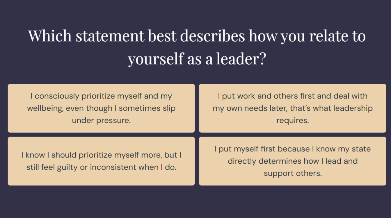A quiz question on a dark background asks which statement best describes how you relate to yourself as a leader, with four options for responses.