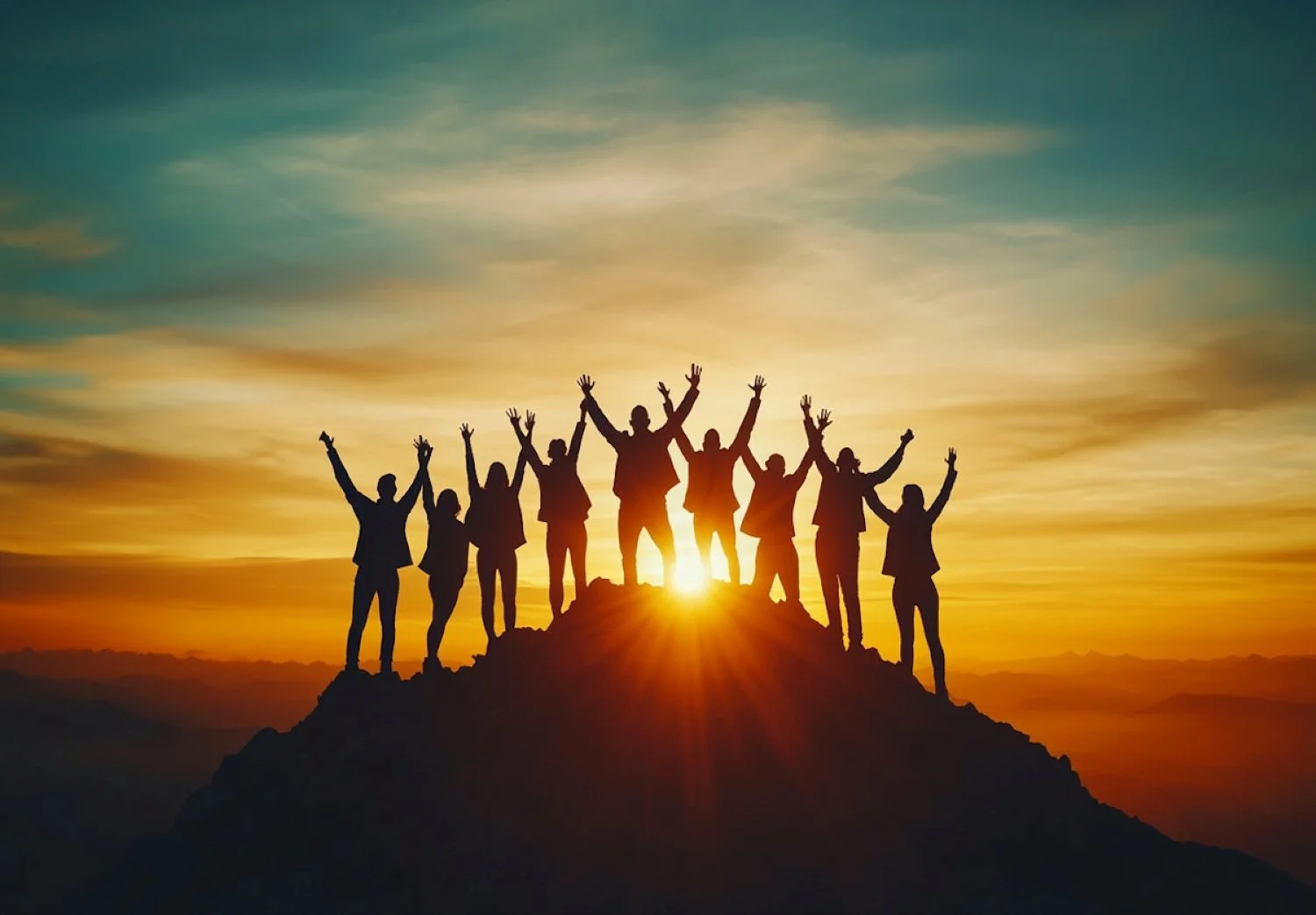 A group of people standing on a mountain peak at sunset, silhouetted with arms raised in victory, with a vibrant sky in the background.