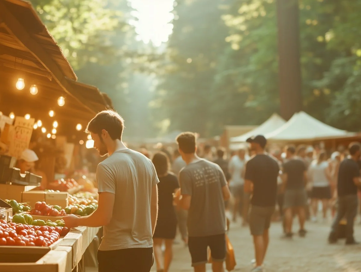 People shopping at an outdoor farmers market with fruit stalls, illuminated by string lights in a wooded area.