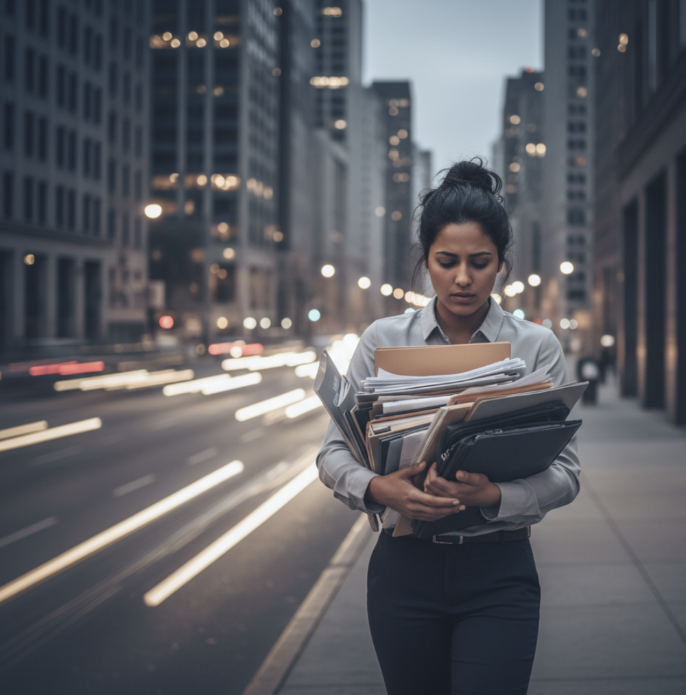 A woman in business attire walking on a city sidewalk at dusk, holding a large stack of folders and papers, with blurred city lights and tall buildings in the background.