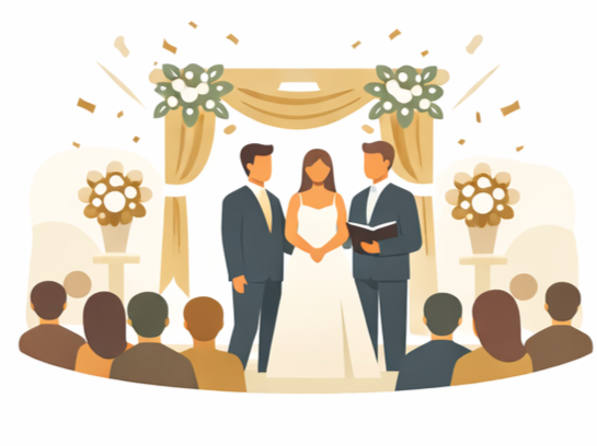 Illustration of a wedding ceremony with a bride and groom standing in front of an officiant, inside a decorated venue with flowers and drapery, and guests seated in the audience.