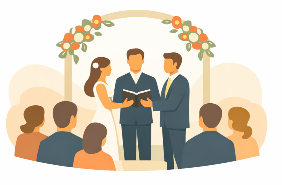 Illustration of a wedding ceremony with a bride and groom exchanging vows, officiant holding a book, and guests seated under a floral arch.