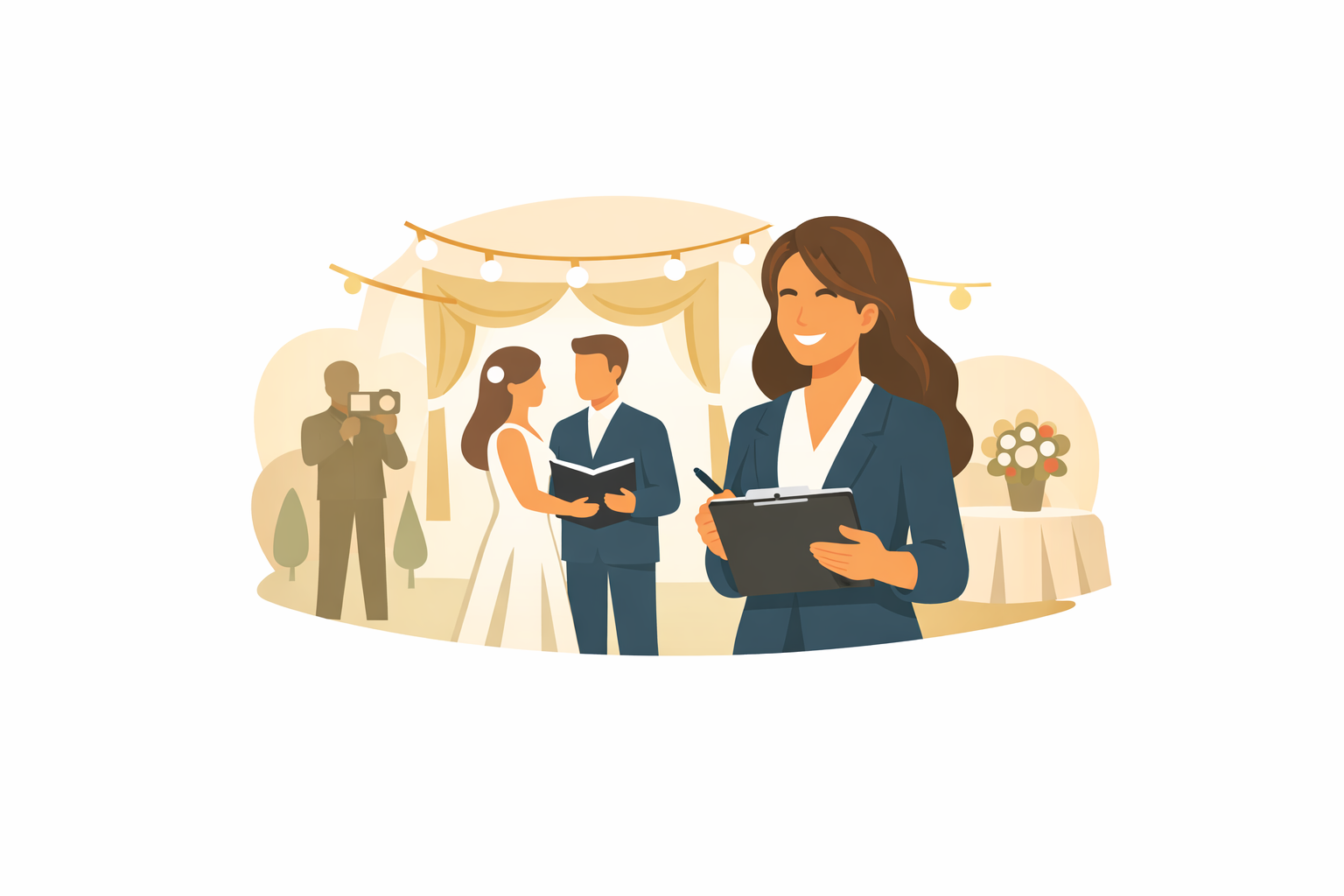 Illustration of a wedding officiant at a wedding ceremony, with the bride and groom exchanging vows in the background, a cameraman recording, and wedding decorations including lights, curtains, and a floral arrangement.