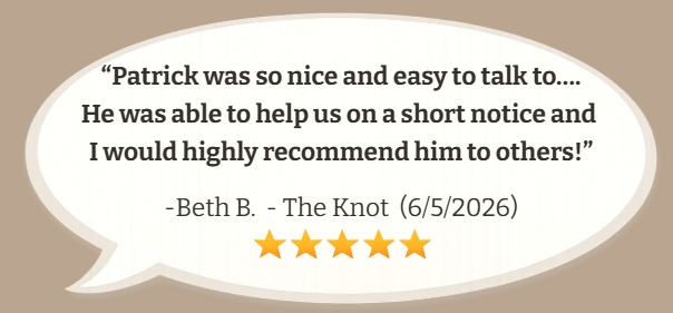 A quote in a speech bubble praising Patrick, signed by Beth B., from The Knot, dated June 5, 2026, with five orange stars below.