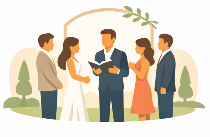 Illustration of a wedding ceremony outdoors with five people, including a bride, groom, officiant, and two guests, standing under an arch with greenery.