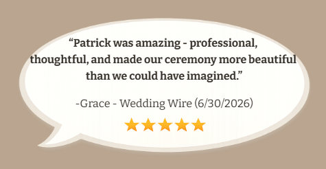 A speech bubble with a wedding thank you message praising Patrick and a five-star rating from Grace, dated June 30, 2026.