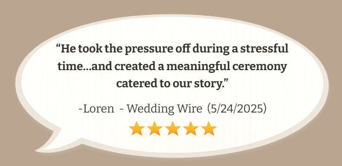 Quote about a meaningful wedding ceremony, signed by Loren, dated 5/24/2025, with a five-star rating, on a speech bubble background.