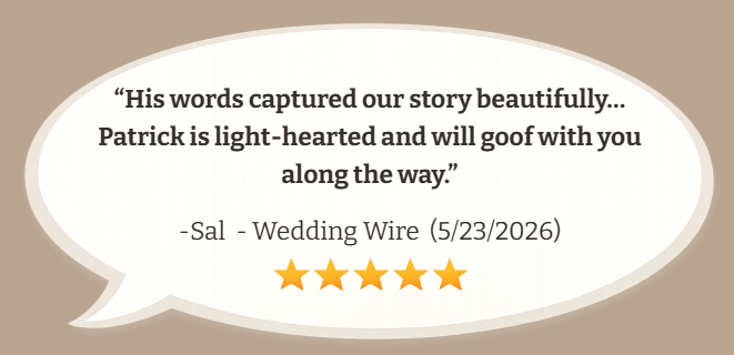 A quote in a speech bubble from Sal at Wedding Wire, dated 5/23/2026, praising Patrick's words and called light-hearted, with a four-star rating.