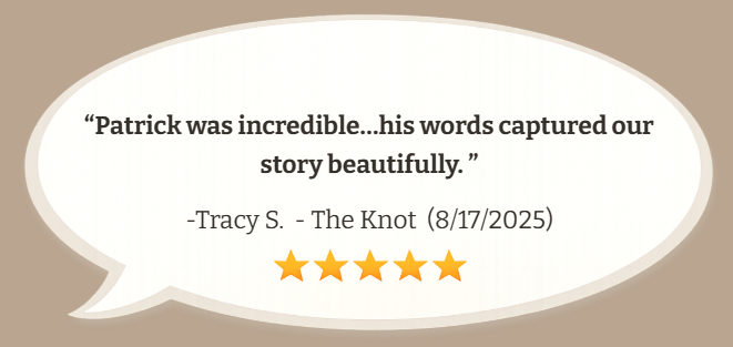 Quote in a speech bubble praising Patrick's storytelling, attributed to Tracy S. from The Knot, dated 8/17/2025, with five orange stars below.