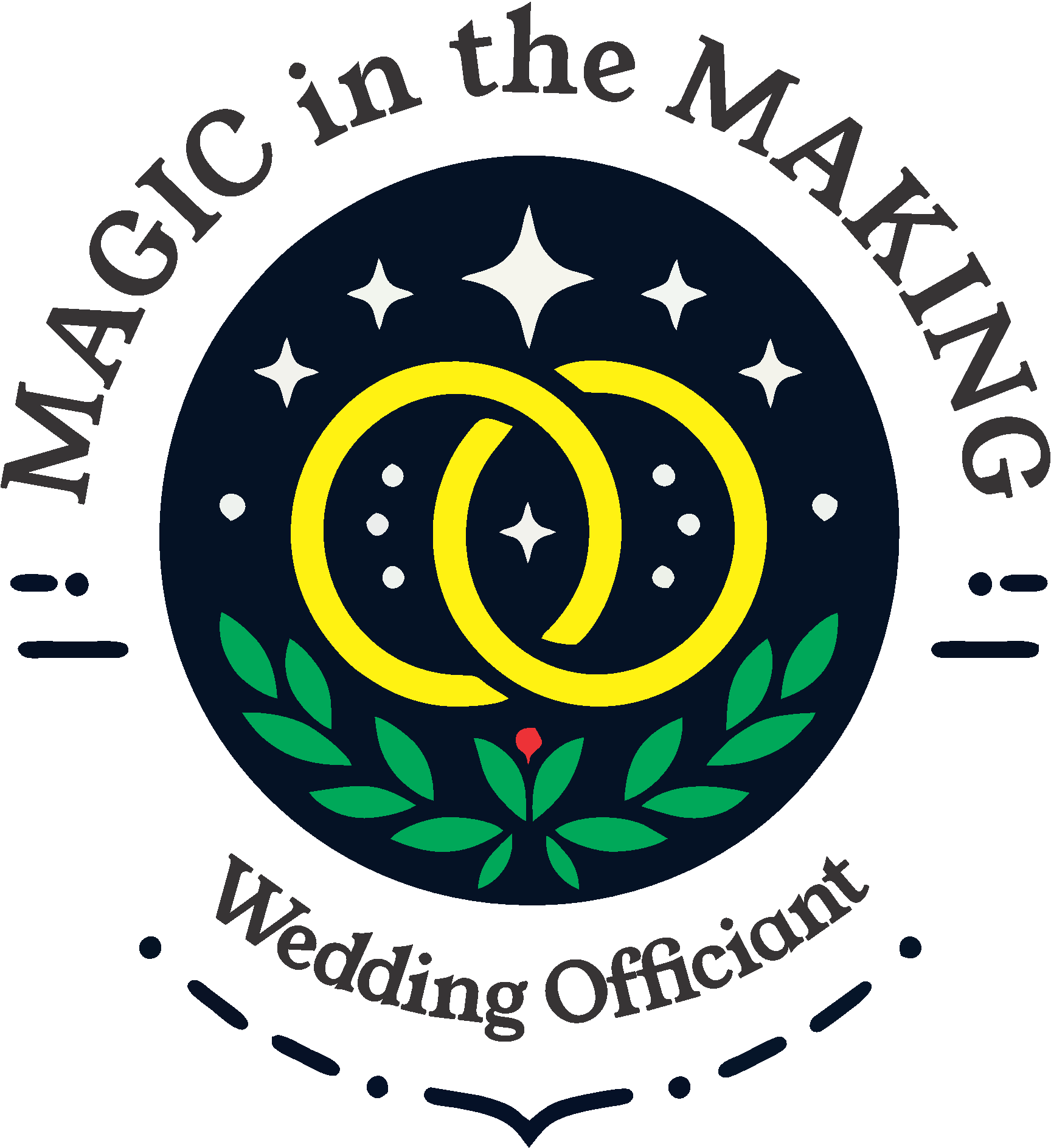 Wedding officiant logo with decorative yellow rings, white stars, and green laurel leaves, along with text 'Wedding officiant' and related information.