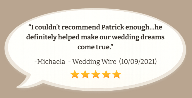 A quote inside a speech bubble praising Patrick for helping with a wedding, attributed to Michaela, dated October 9, 2021, with a five-star rating below.