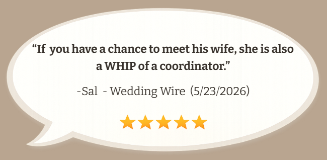 A quote about meeting a bride, attributed to Sal at a wedding wire event, dated 5/23/2026, with a five-star rating.