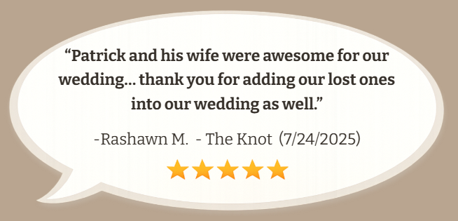 A speech bubble with a wedding quote and five stars on a beige background.