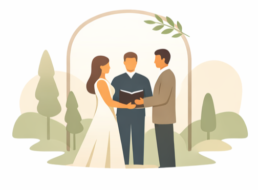 Illustration of a wedding ceremony with a bride, groom, and officiant outdoors surrounded by trees.