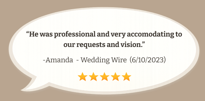A quote in a speech bubble from Amanda in Wedding Wire dated 6/10/2023 praising a professional, with a five-star rating below.
