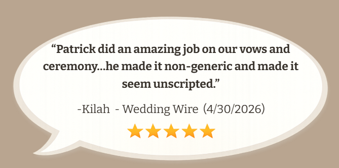 Quote about Patrick's excellent performance at a wedding wire review, dated April 30, 2026, with five gold star ratings.