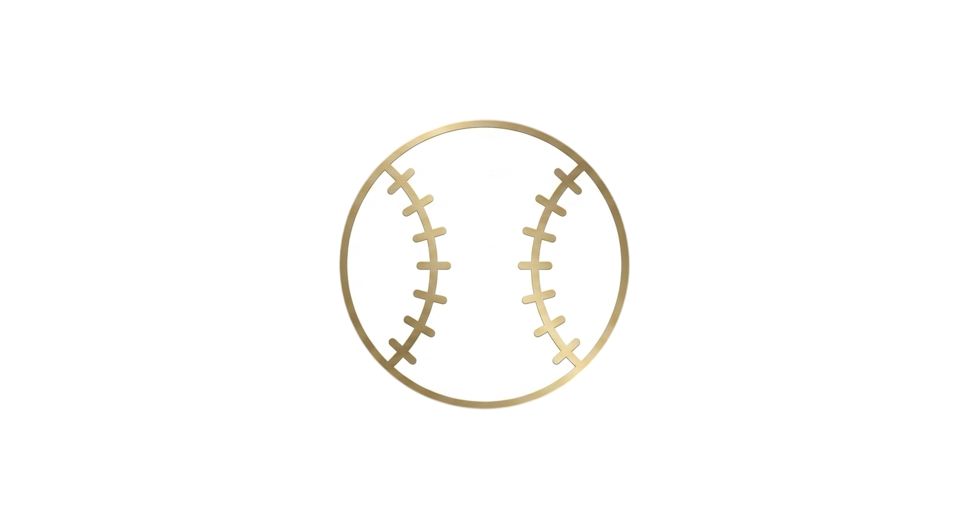 A close-up of a baseball with gold stitching on a white background.