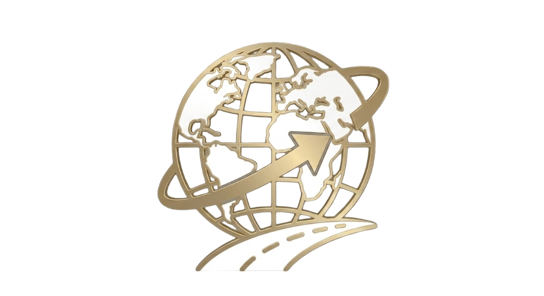 Gold and white globe with an arrow circling it, positioned over a road graphic.
