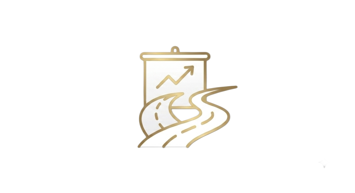 Stylized graphic of a winding road leading toward a sign with an upward trending arrow, symbolizing growth or progress.