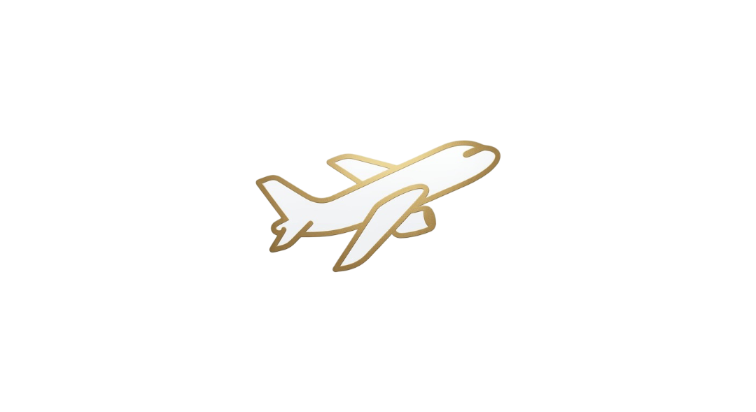 A gold-colored airplane icon with white wings and body, outlined in gold, on a transparent background.