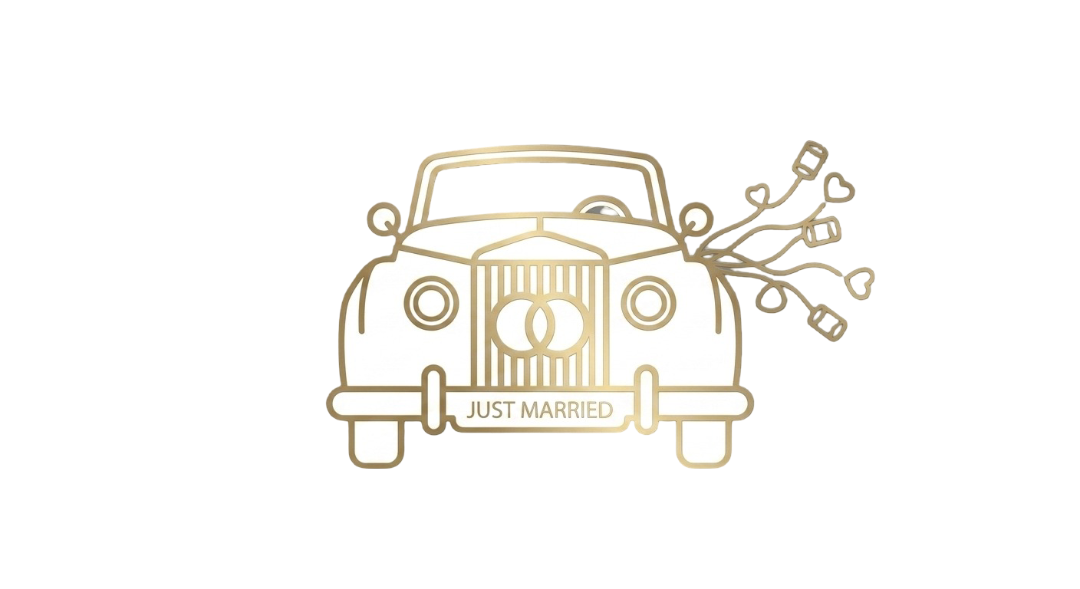 A stylized illustration of a vintage car with a bouquet of flowers attached to the rear, displaying a 'Just Married' banner on the front bumper.