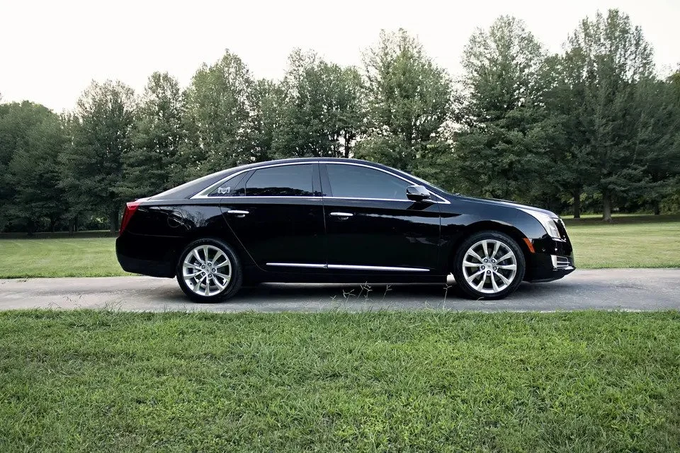 Black sedan car parked on a driveway with grass and trees in the background.