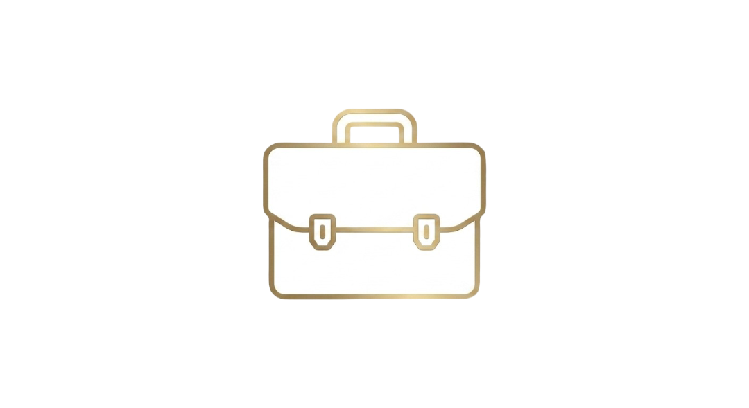 White and gold outline icon of a briefcase.