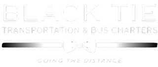 Black Tie Transportation & Bus Charters logo with a bow tie graphic and the phrase 'Going the Distance'.