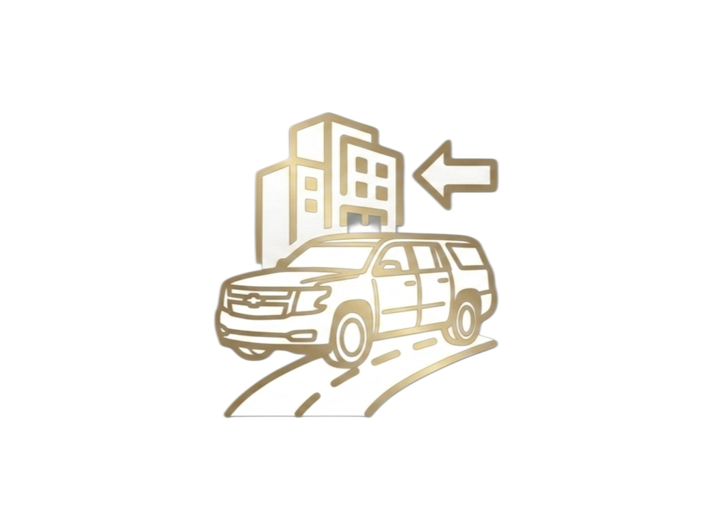 Outline of a car driving towards a building, with an arrow pointing to the building.