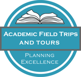 Logo with open book, text reads 'Academic Field Trips and Tours, Planning Excellence' in a circular badge