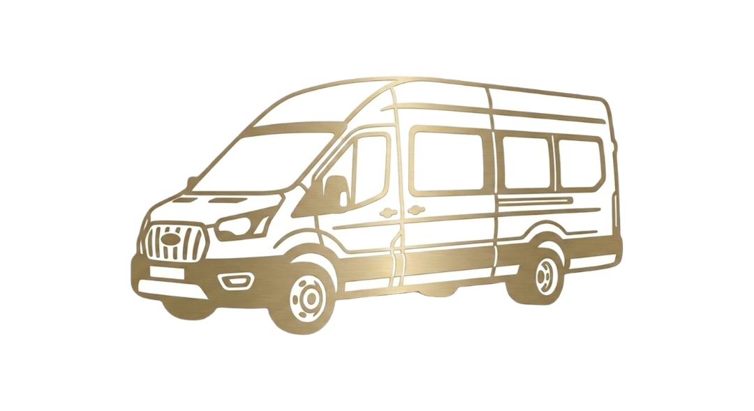 Gold-colored metal model of a van with windows and a front grille.