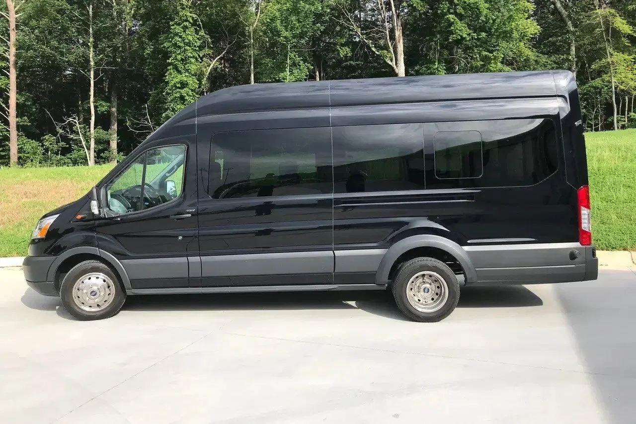 Side view of a black cargo van parked on a light-colored street with green trees and grass in the background.